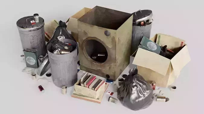 Garbage set trash cans and books on table Low-poly 3D model