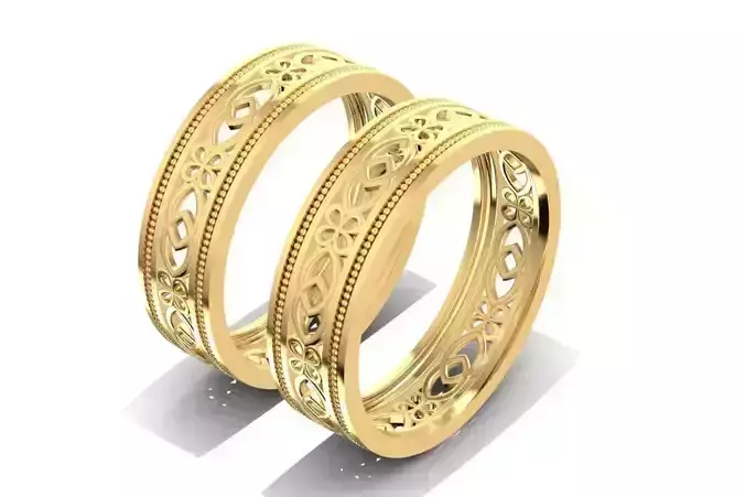Elegant Couple Wedding Bands Gold Ring 3D Model  1321