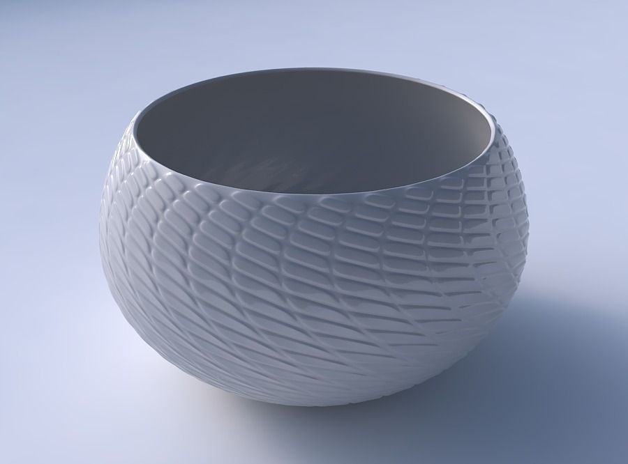 Bowl spheric twisted with twisted diagonal grid bulges 3D print model_3