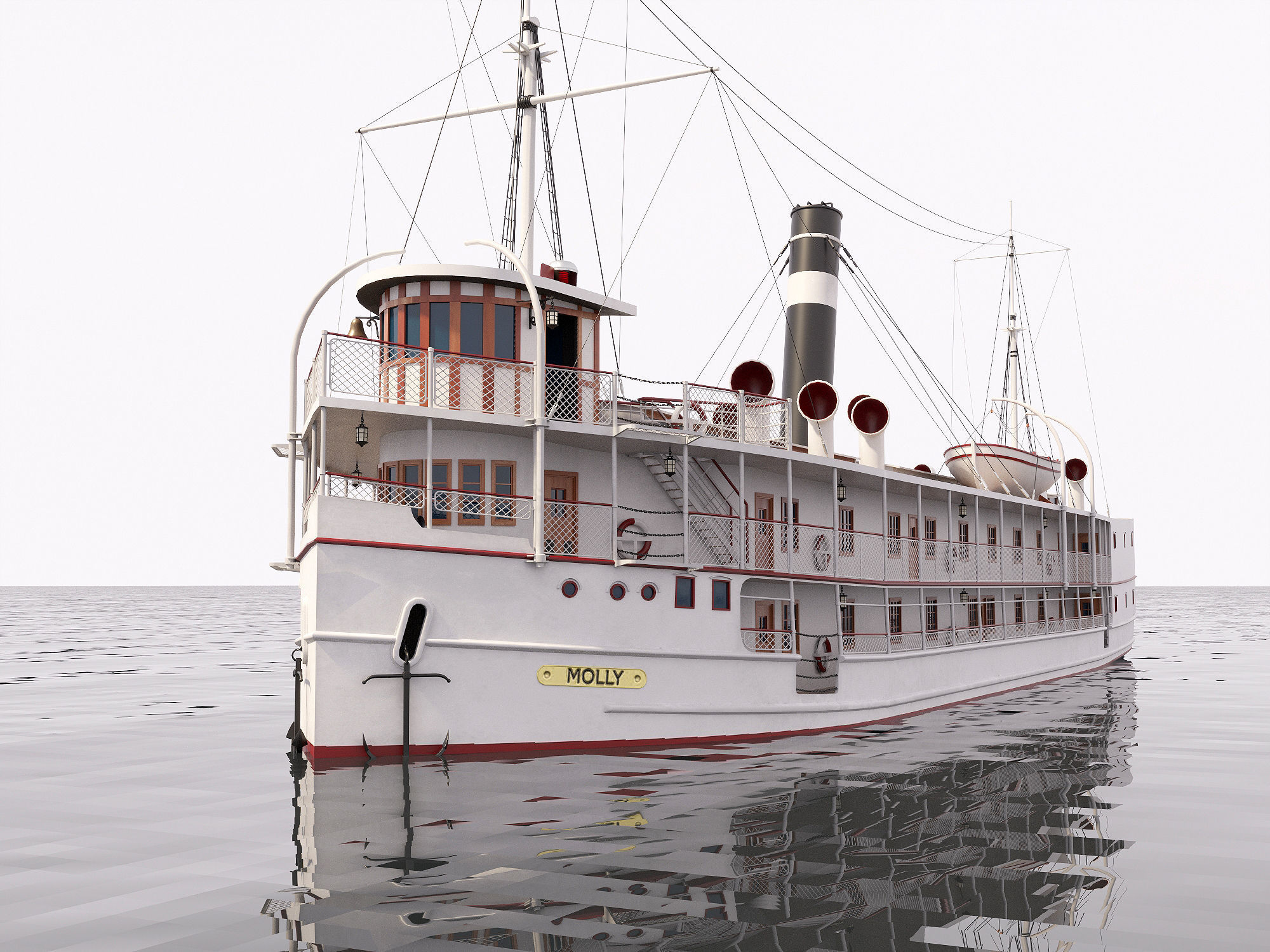 VINTAGE PASSENGER STEAMSHIP Low-poly 3D model_8