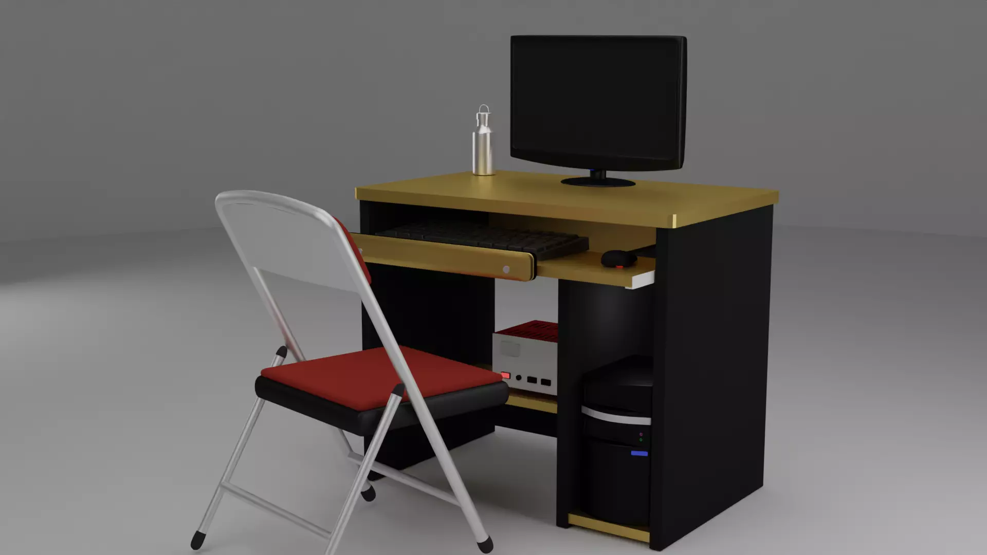 computer set desk with chair and monitor 3D model_0