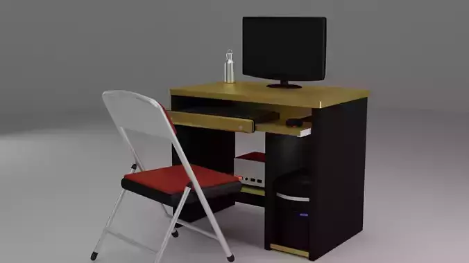 computer set desk with chair and monitor