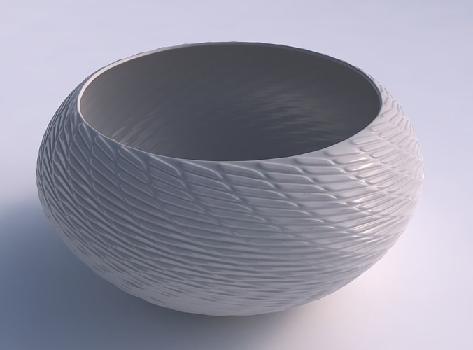 Bowl spheric squeezed wide with twisted diagonal grid bulges