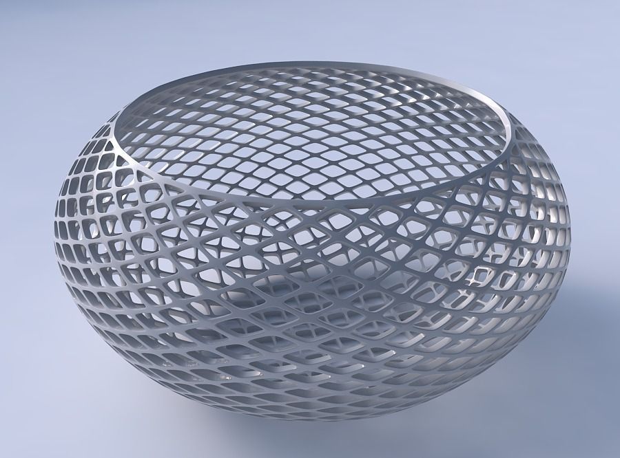 Bowl spheric squeezed wide with fine diagonal grid lattice 3D print model_3