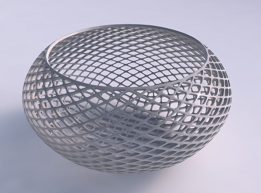 Bowl spheric squeezed wide with fine diagonal grid lattice 3D print model_0