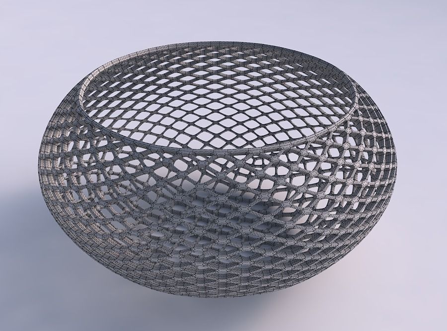 Bowl spheric squeezed wide with fine diagonal grid lattice 3D print model_5