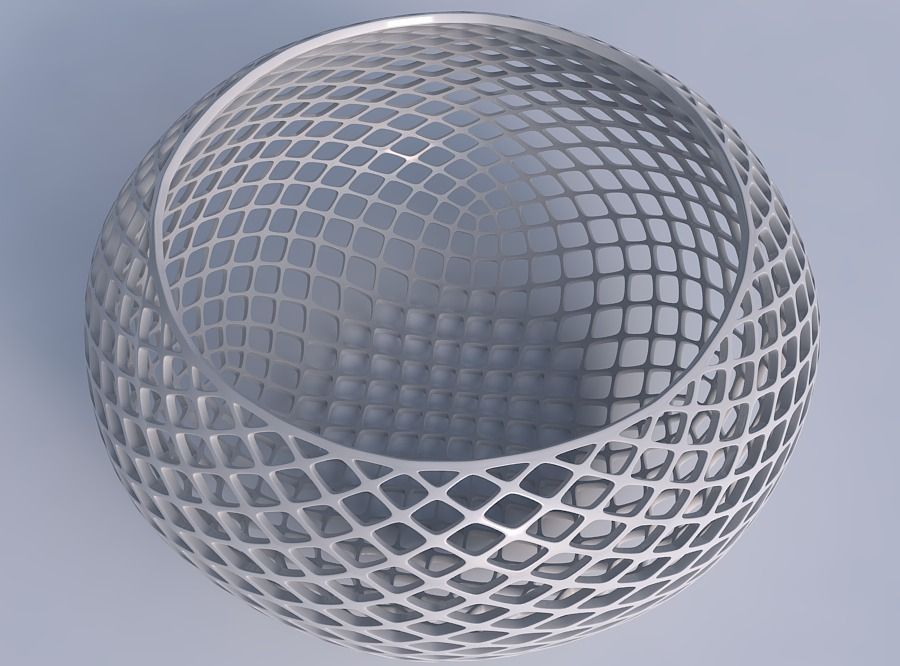 Bowl spheric squeezed wide with fine diagonal grid lattice 3D print model_1