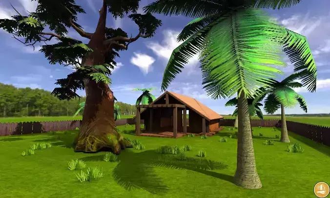 low poly game Ready House with palm trees in grass