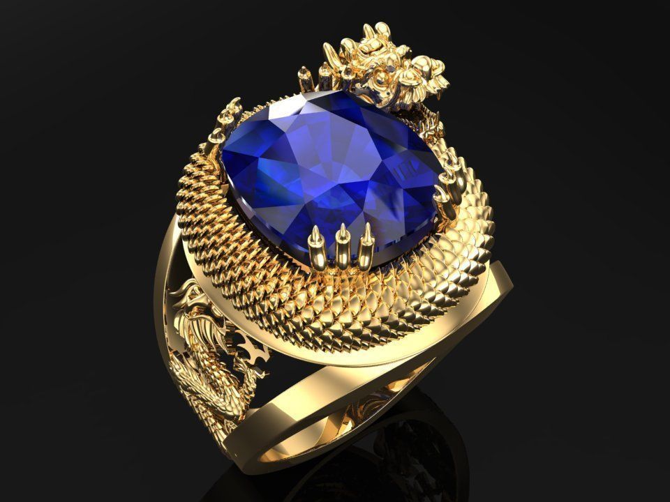 Dragon rings -Dragon curled up hugging the stone - Men ring 3D print model_1