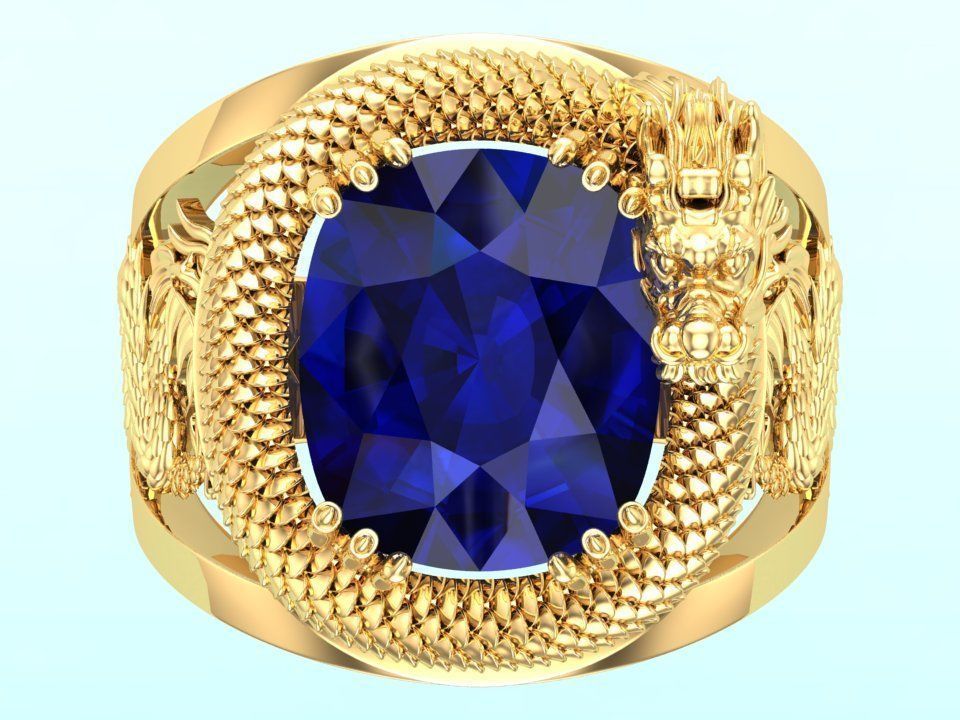 Dragon rings -Dragon curled up hugging the stone - Men ring 3D print model_2