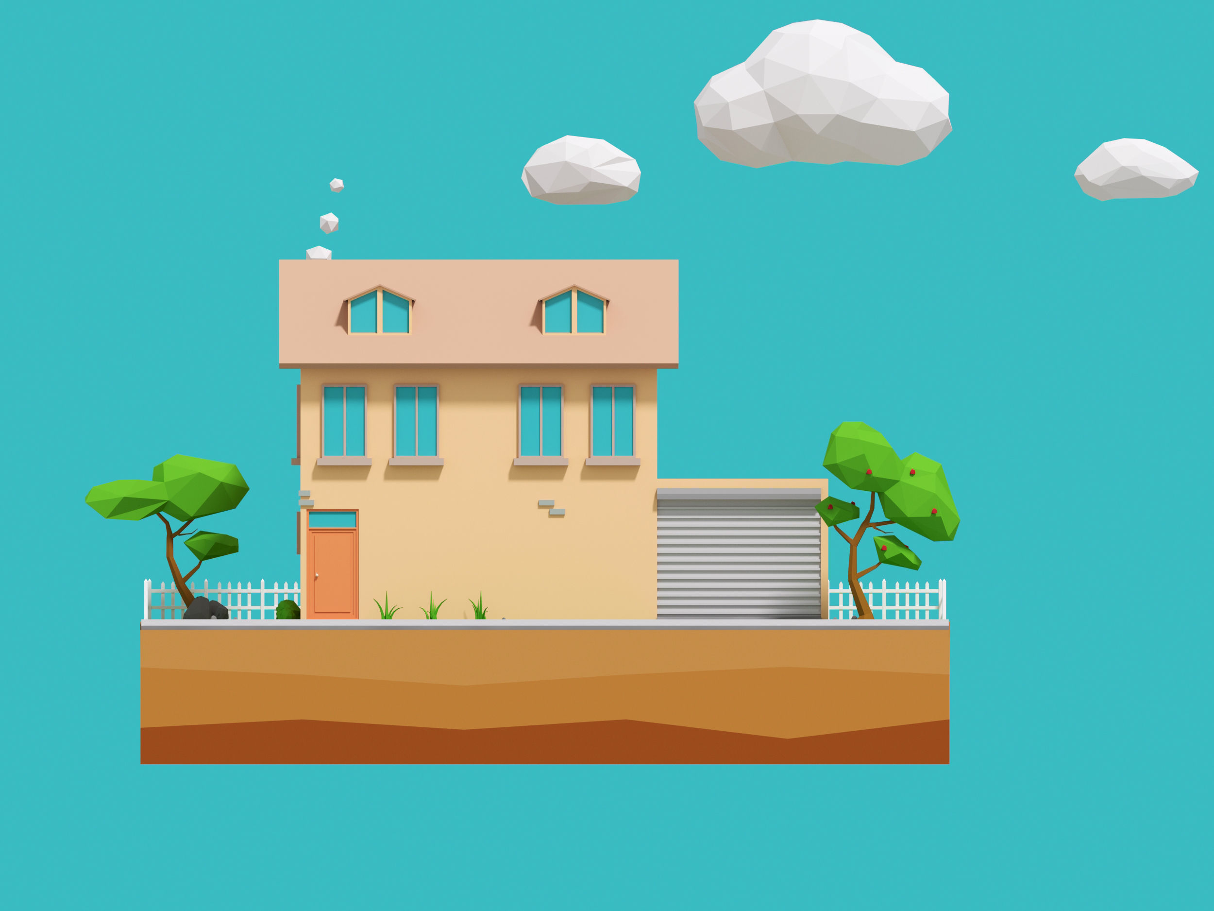 Cartoon House and the Garden Low-poly 3D model_2