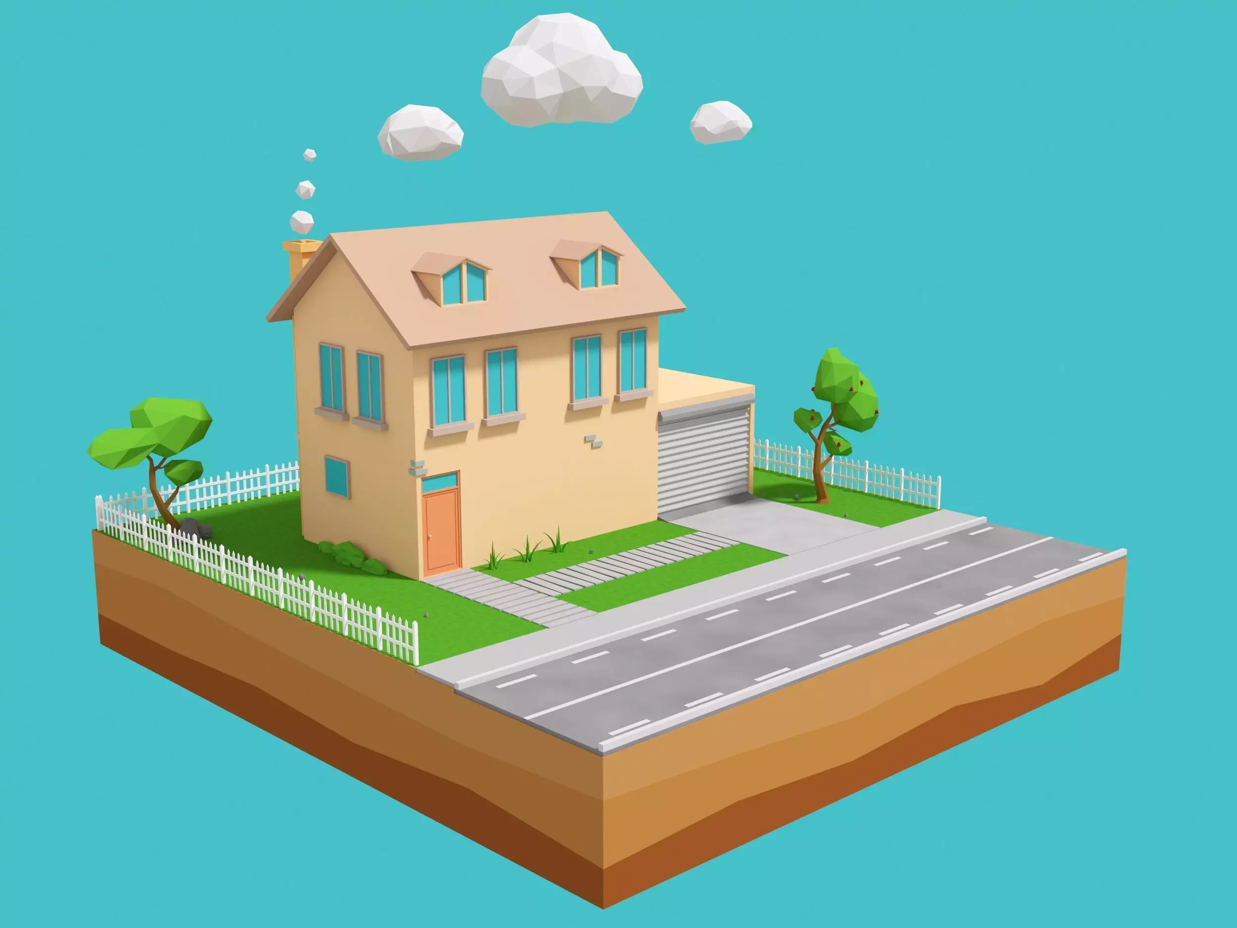 Cartoon House and the Garden Low-poly 3D model_0