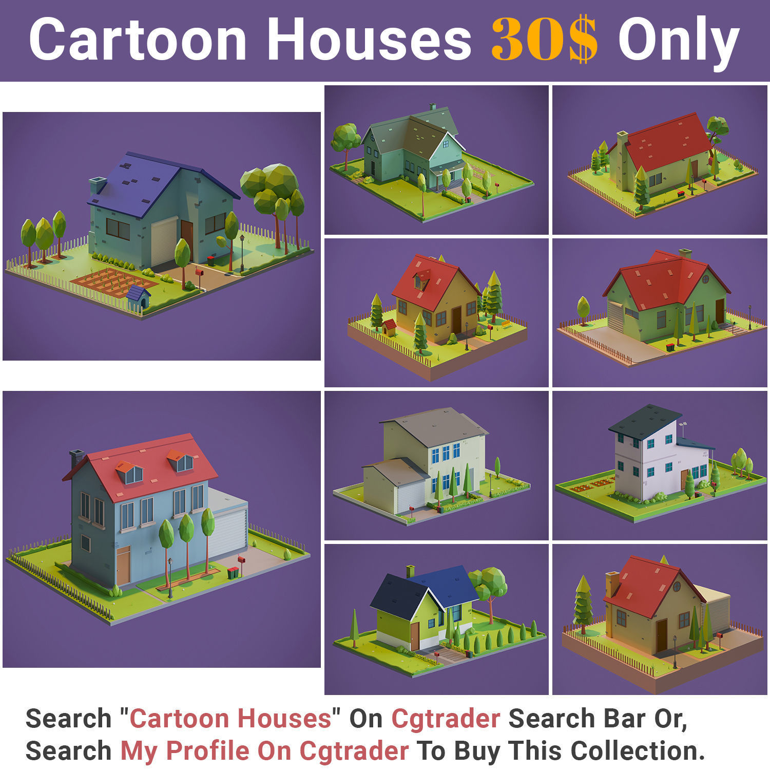 Cartoon House and the Garden Low-poly 3D model_3