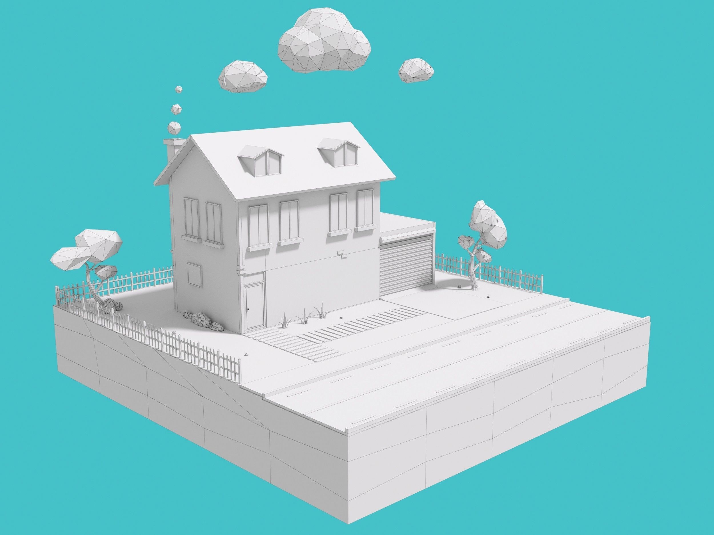 Cartoon House and the Garden Low-poly 3D model_6