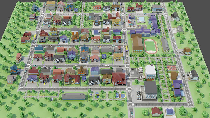 City Private houses Low-poly 3D model 5