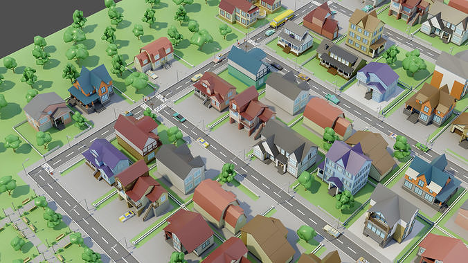 City Private houses Low-poly 3D model 7