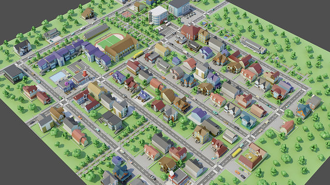City Private houses Low-poly 3D model 2