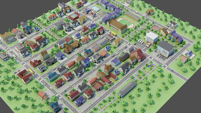 City Private houses Low-poly 3D model 4