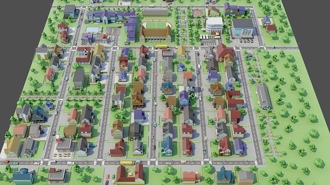 City Private houses Low-poly 3D model 3