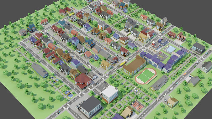 City Private houses Low-poly 3D model 6