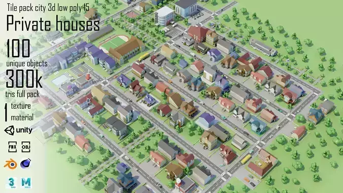 City Private houses Low-poly 3D model