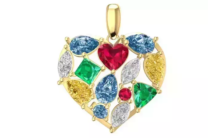 Multi Color Gemstone Diamond Heart Pendant  1948