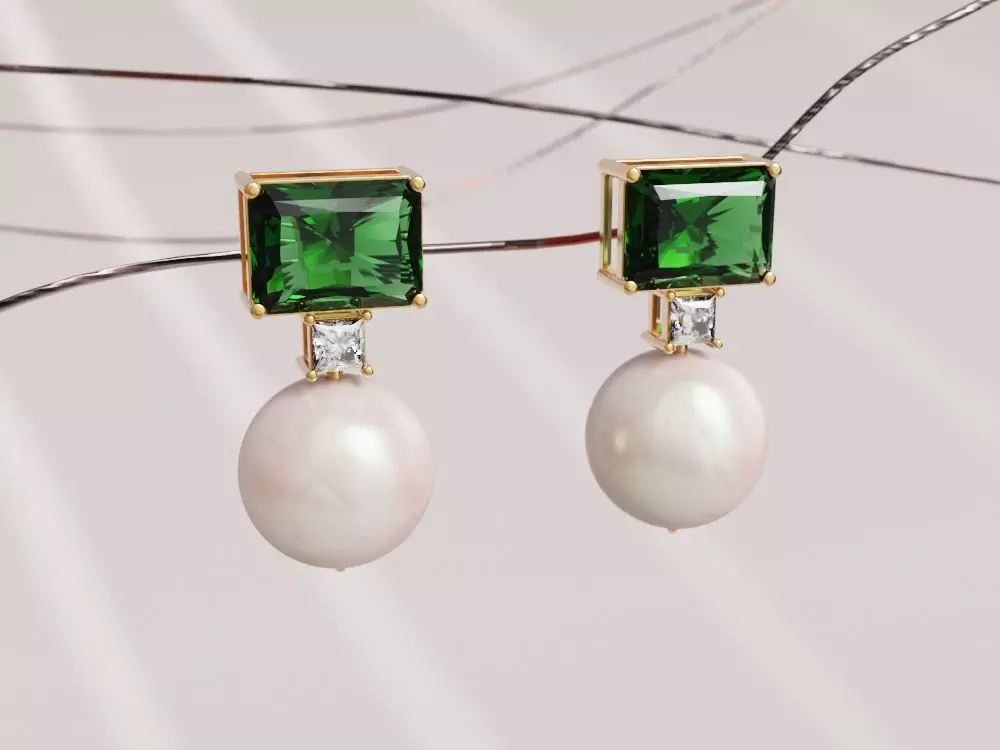 Earrings pearl and emerald 3D print model