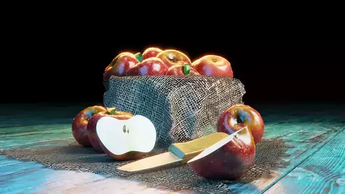 Apple in a Bowl with Fabric over wooden plank floor-Blender