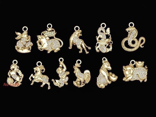 Set Asian Zodiac Lucky Pendant 1580 3D print model