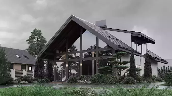 3D scene modern house on cloudy day