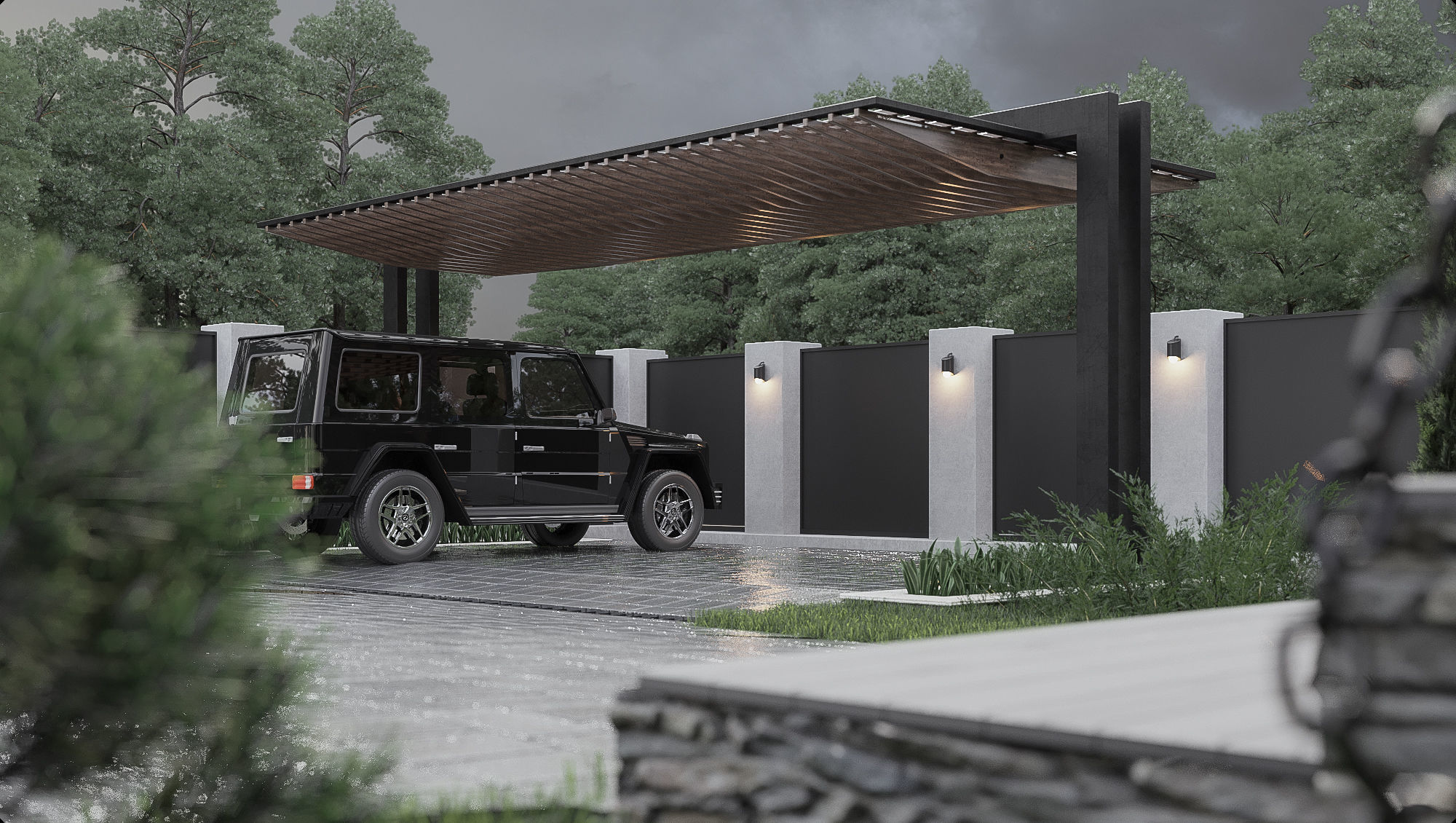 3D scene modern house on cloudy day 3D model_5