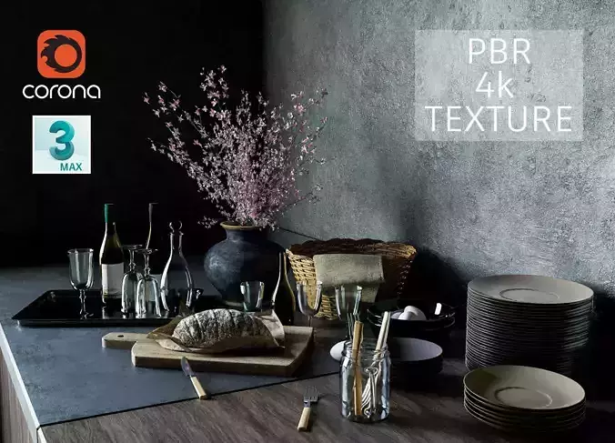 KItchen set table with dishes and pots