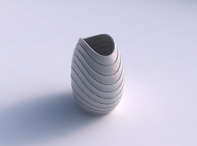 Bowl compressed with horizontal dents and twisted diagonal lines