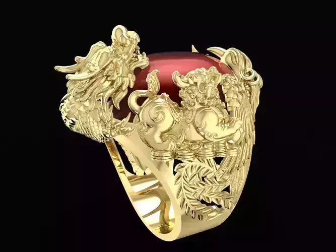 Dragon Gold Men Ring with Oval Gemstone 1582
