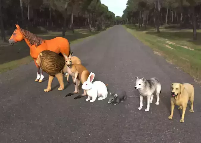 Animal Group lion horse rat rabbit kangaroo wolf and dog  3D model
