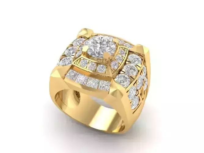 Square Cluster Diamond Men Ring 3D Model  1078