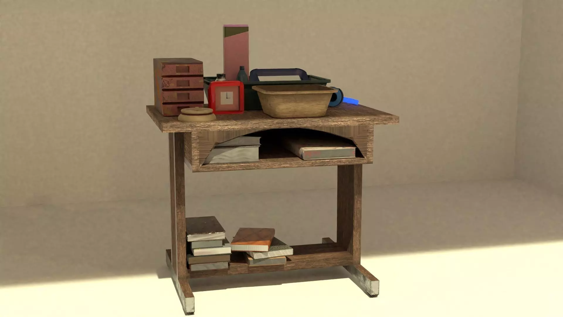 old wooden table with extra stuff 3D model_0