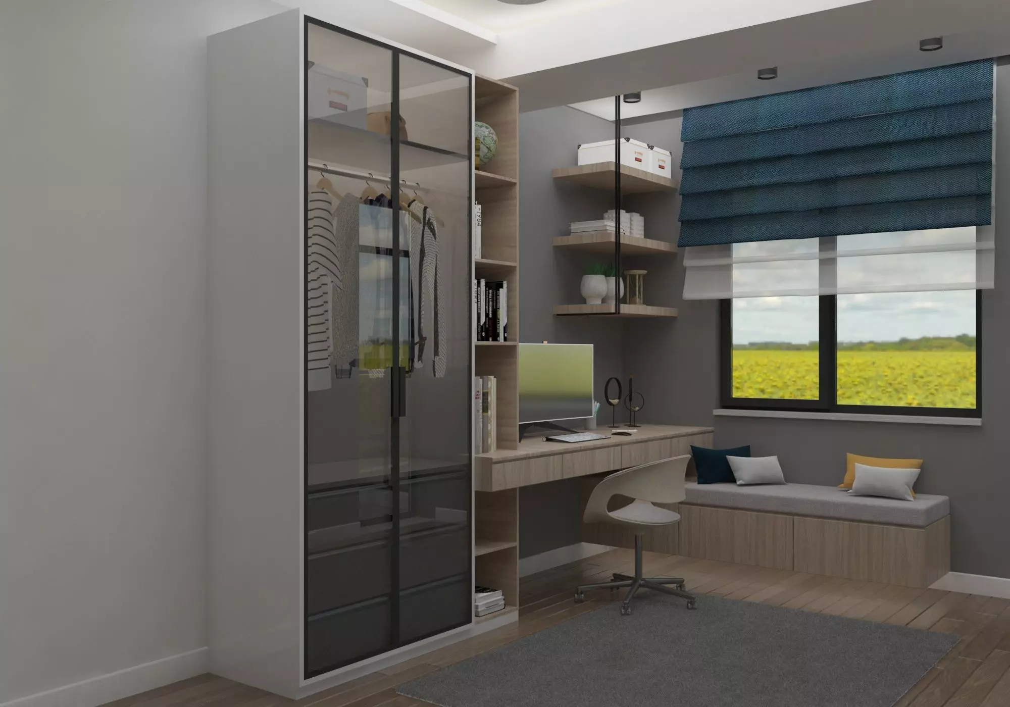 Wardrobe bedroom with desk and 3D model_0
