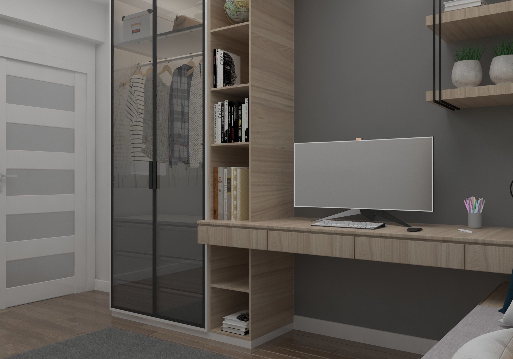 Wardrobe bedroom with desk and 3D model_4