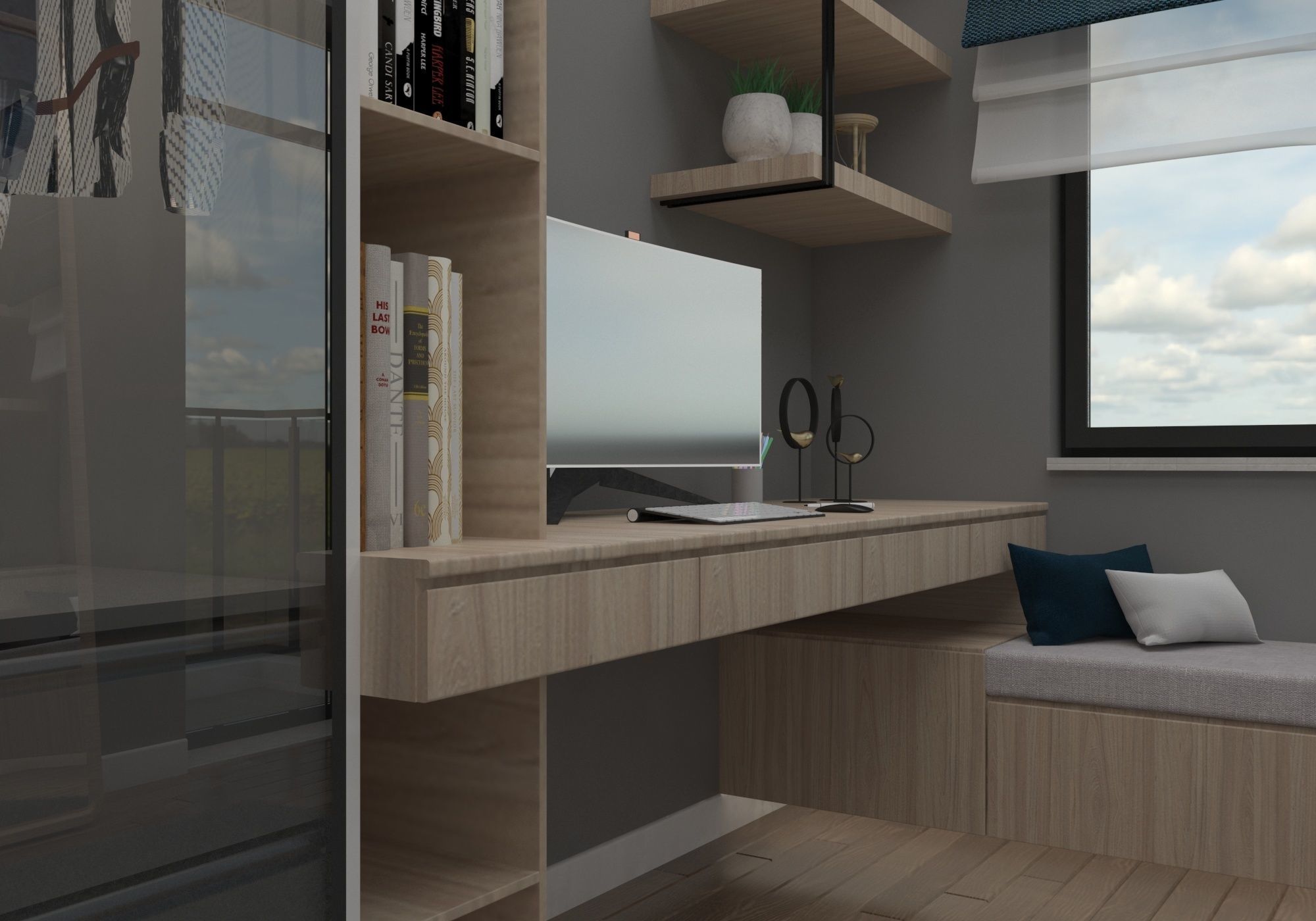 Wardrobe bedroom with desk and 3D model_2