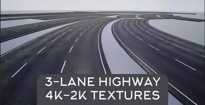 PBR 4K-2K  Three-Lane Highway Roads Clean Low-poly 3D model