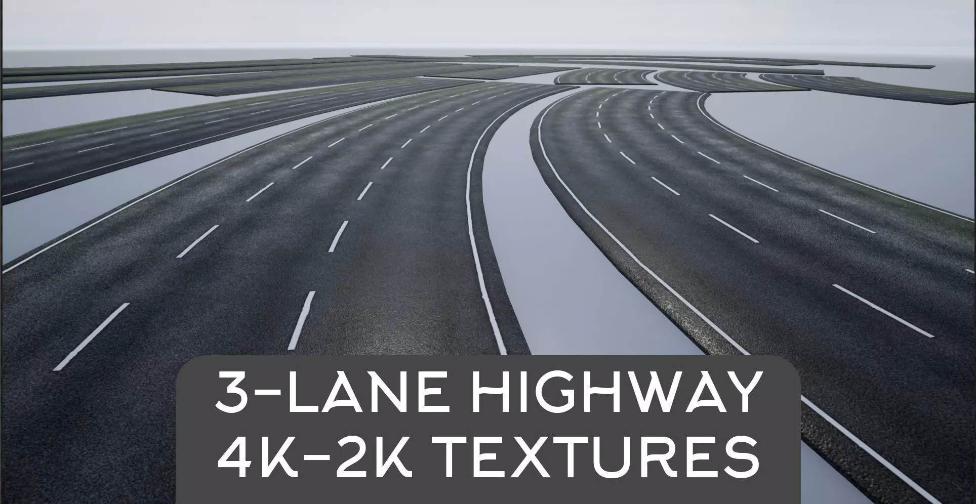 PBR 4K-2K  Three-Lane Highway Roads Clean Low-poly 3D model_0