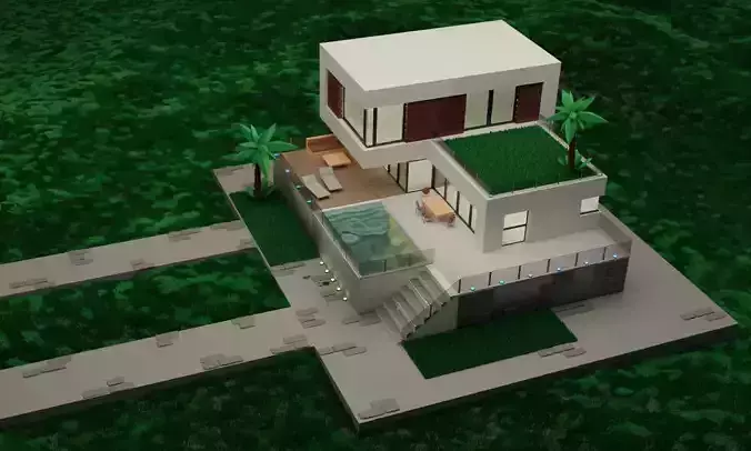 House with pool design low poly