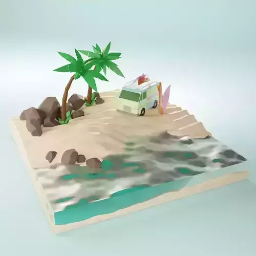 Sunny tropical beach with van and surf