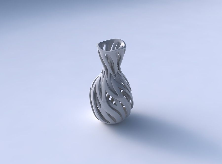 Vase oval squeezed neck with intertwining lines twisted wavy 3D print model_3