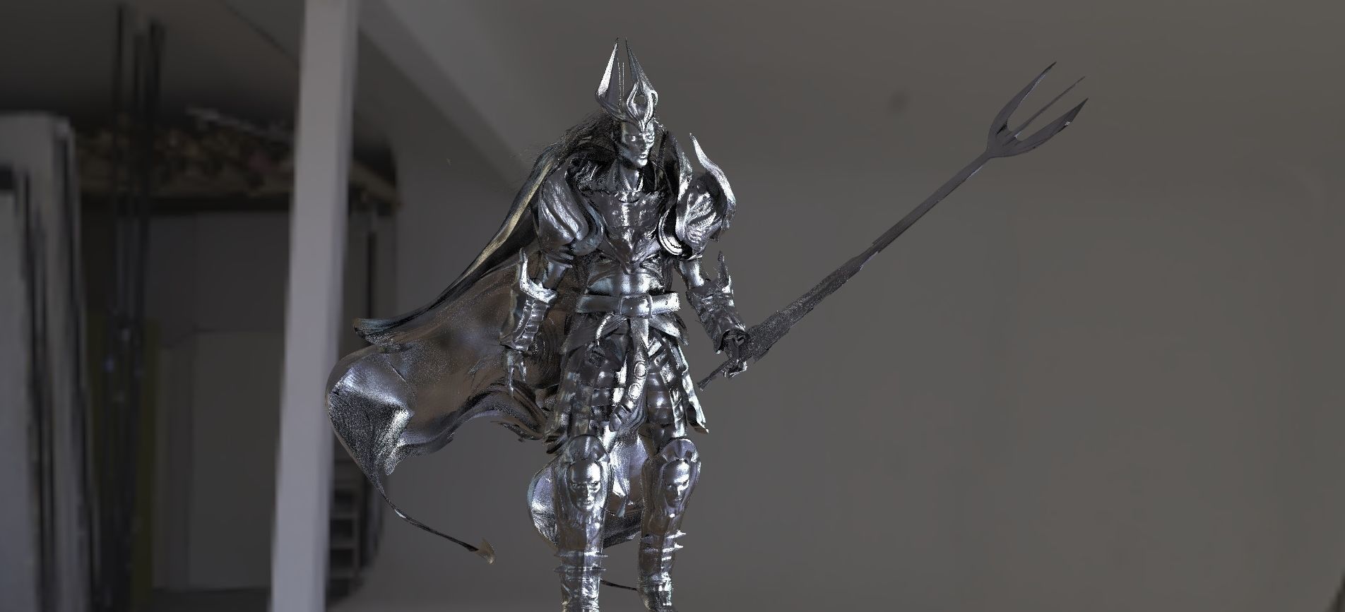 Poseidon statue of demon holding spear at sunset 3D model_1