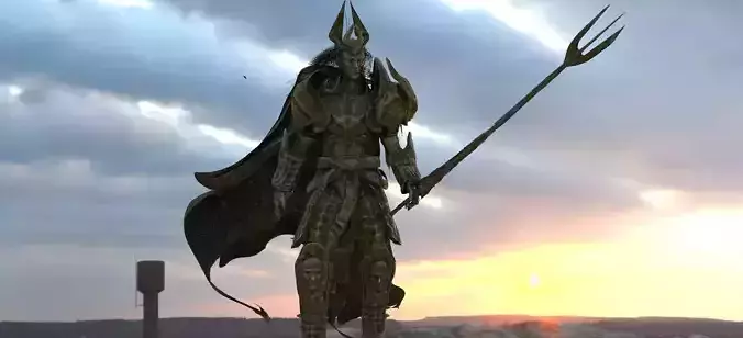 Poseidon statue of demon holding spear at sunset