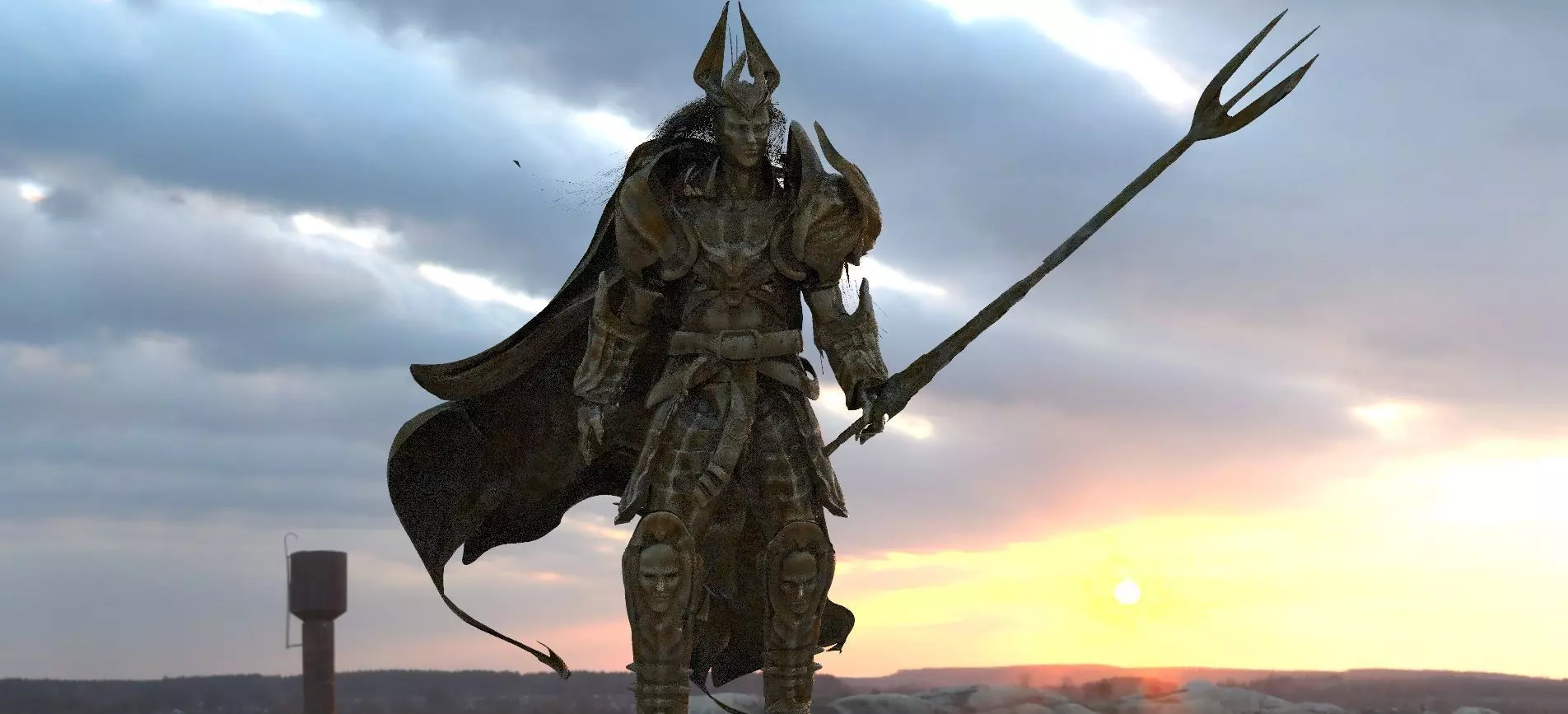 Poseidon statue of demon holding spear at sunset 3D model_0