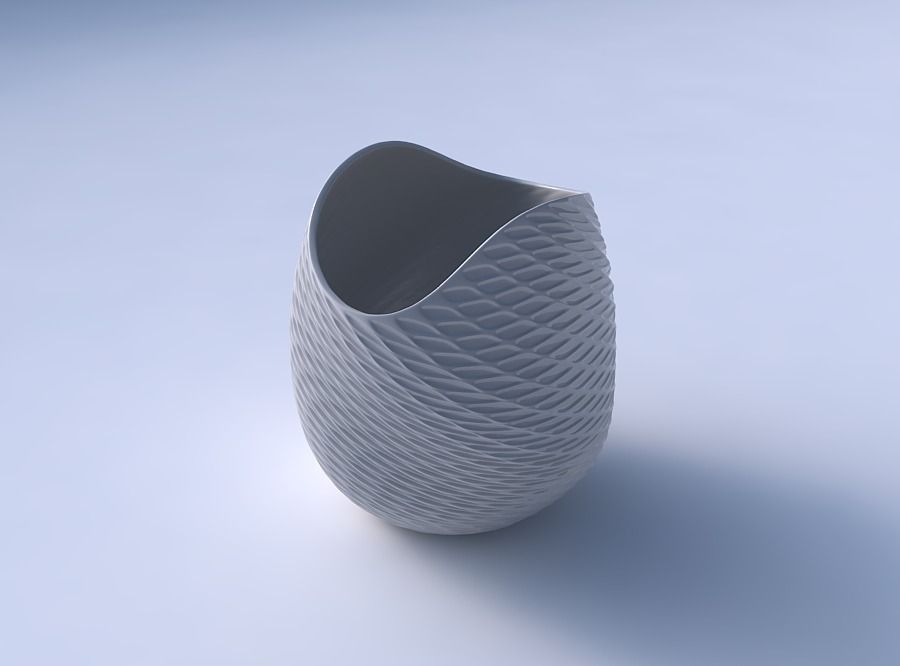 Bowl compressed and twisted with twisted diagonal grid dents 3D print model_3