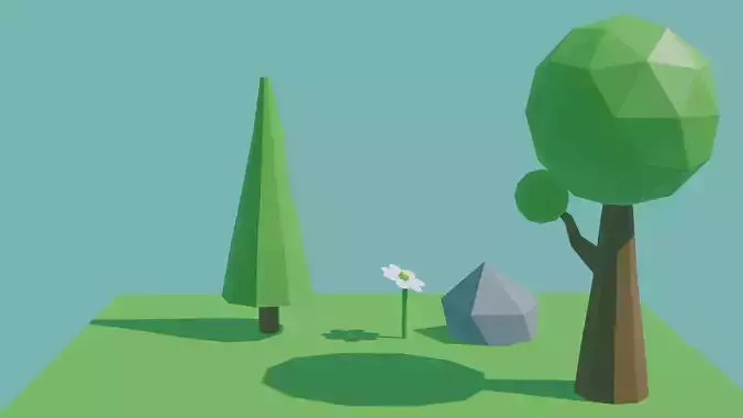 meadow landscape with trees and rocks